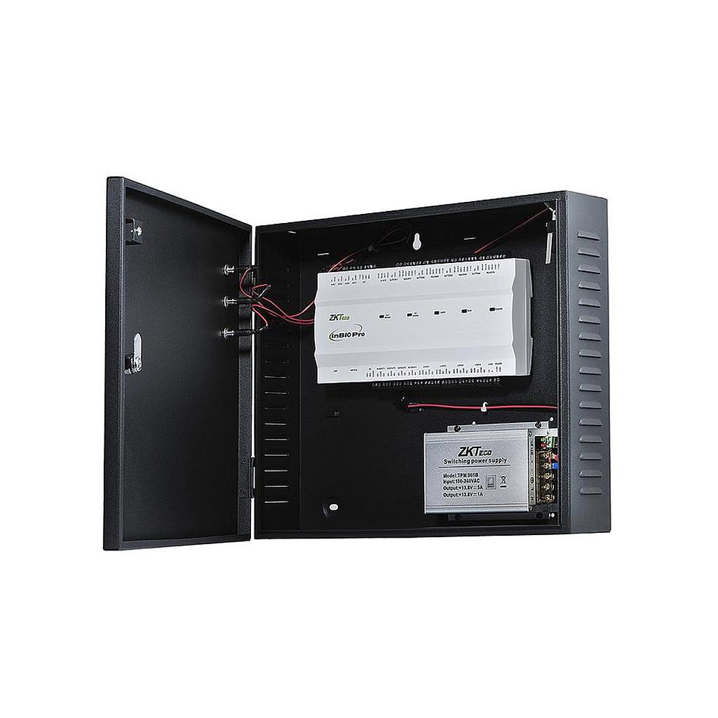 Panel de control de acceso serie PRO para cuatro puertas con terminales de conexion para lectores esclavas, entradas y salidas de alarma y metodos para realizar vinculaciones, incluye caja metalica y fuente de poder Marca: Zkteco