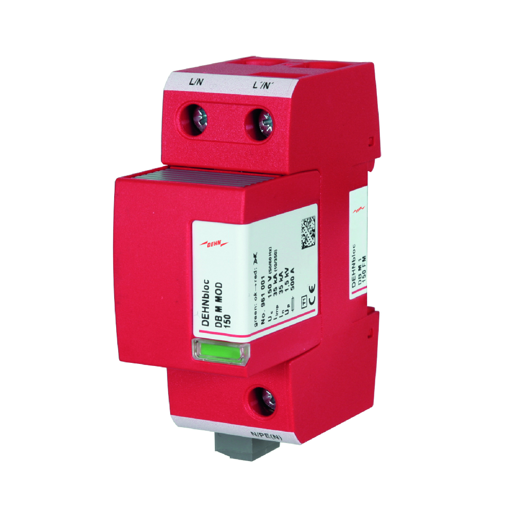 Supresor de transientes tipo 1, 120v, 60Hz, Ip 35kA, Vmax 150v, Capacidad 2 Módulos, Unipolar, Inc. Base, Dehn 961115