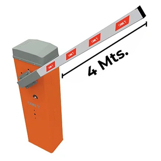 Barrera vehicular con brazo de 4 metros, gabinete color naranja sin iluminación marca Came modelo LT4