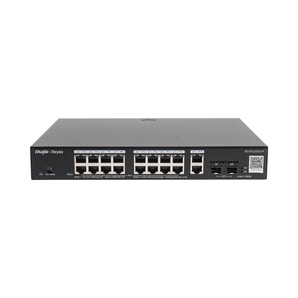 Switch 20 Puertos Gigabit, 16 PoE+, 2 Puertos RJ45 Gigabit, 2 Puertos SFP, 250W PoE L2 Administrable en la Nube de, reconocimiento de cámaras IP,