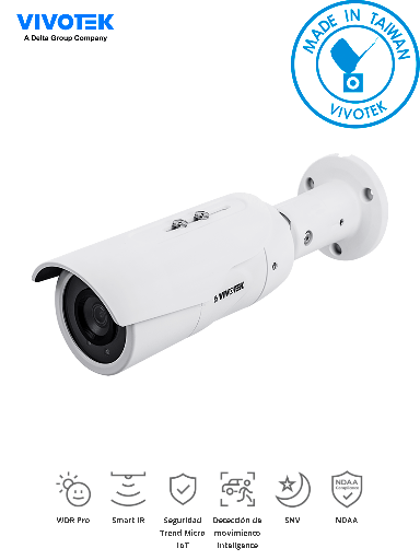 Camara IP bullet exterior 5 Megapixeles / H265 / Lente fijo 3.6mm / WDR Pro/ Smart IR 30mts /Visión SNV/ Smart stream III /Ciberseguridad Trend Micro/ Smart Motion/ Protección IP66, IK10/ NDAA/ONVIF marca VIVOTEK IB9389-EH-v2