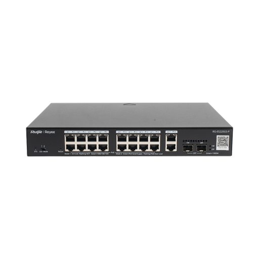 [RG-ES220GS-P] Switch 20 Puertos Gigabit, 16 PoE+, 2 Puertos RJ45 Gigabit, 2 Puertos SFP, 250W PoE L2 Administrable en la Nube de, reconocimiento de cámaras IP,